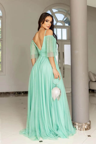 A Line Boho Tulle Prom Dress with Spaghetti Straps