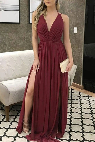 Chiffon Prom Dress With Slit and V-Neck