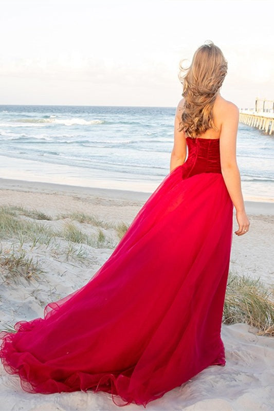 Tulle V-Neck Velvet Prom Dress