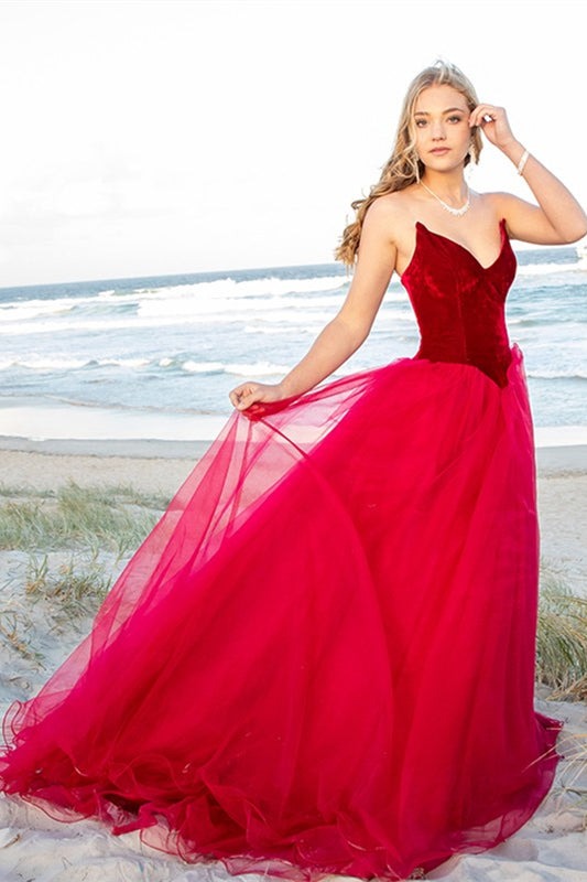 Tulle V-Neck Velvet Prom Dress