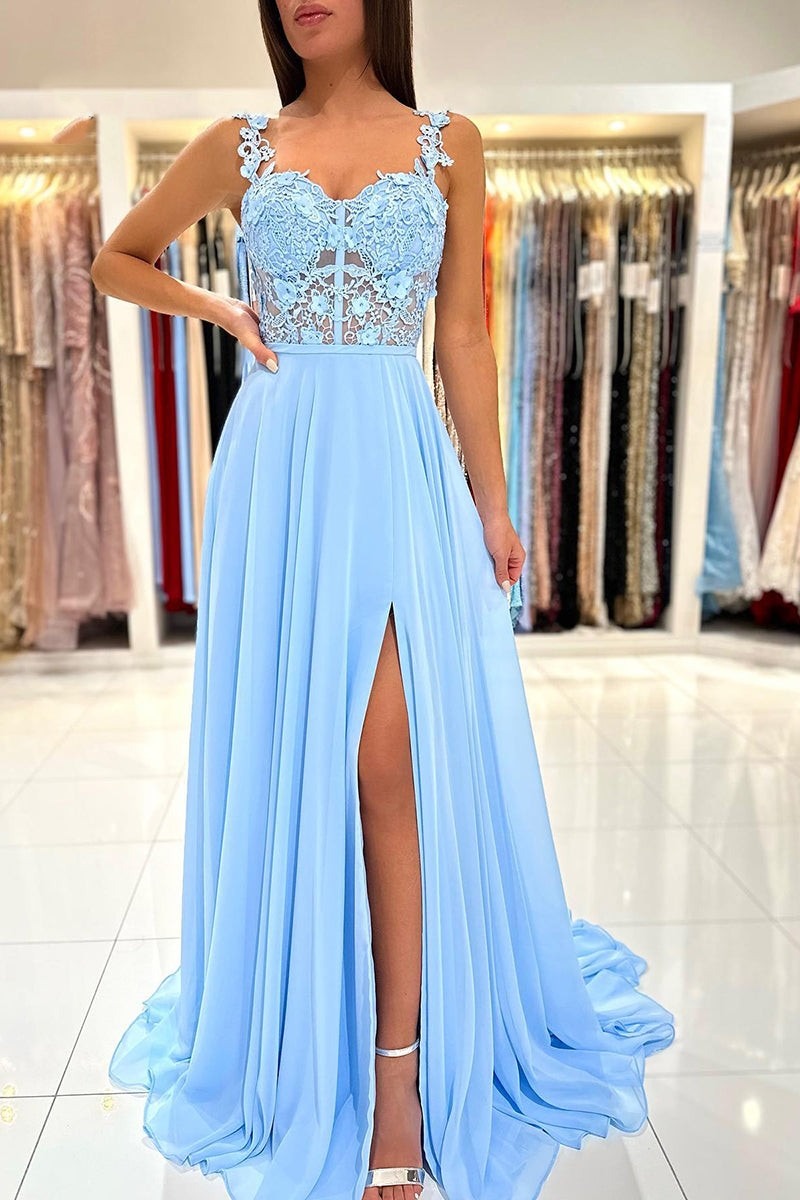 A-Line Sweetheart  Lace Long Prom Dress with Slit