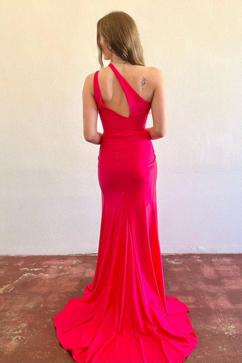 Simple Red Satin One Shoulder Long Mermaid Prom Dress with Slit