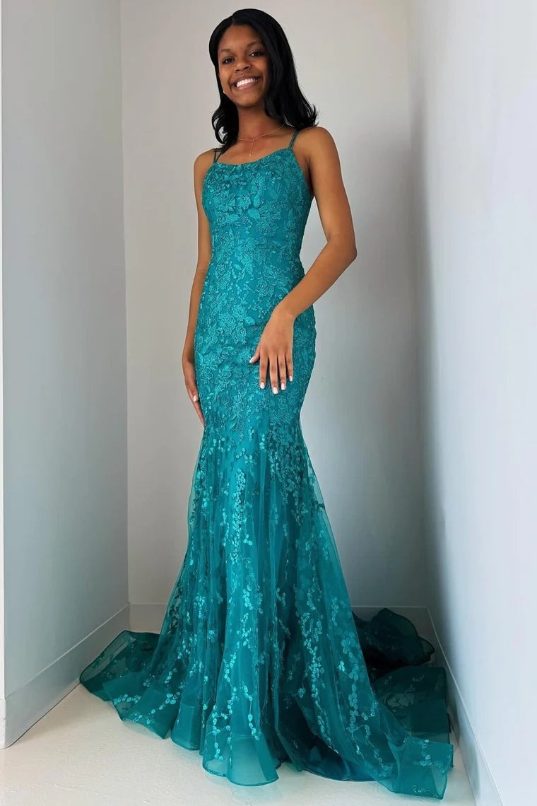 Turquoise Appliques Trumpet Long  Lace-Up Prom Dress
