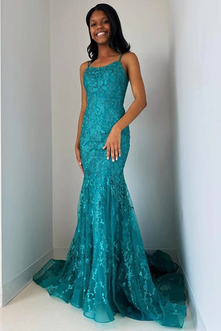 Turquoise Appliques Trumpet Long  Lace-Up Prom Dress