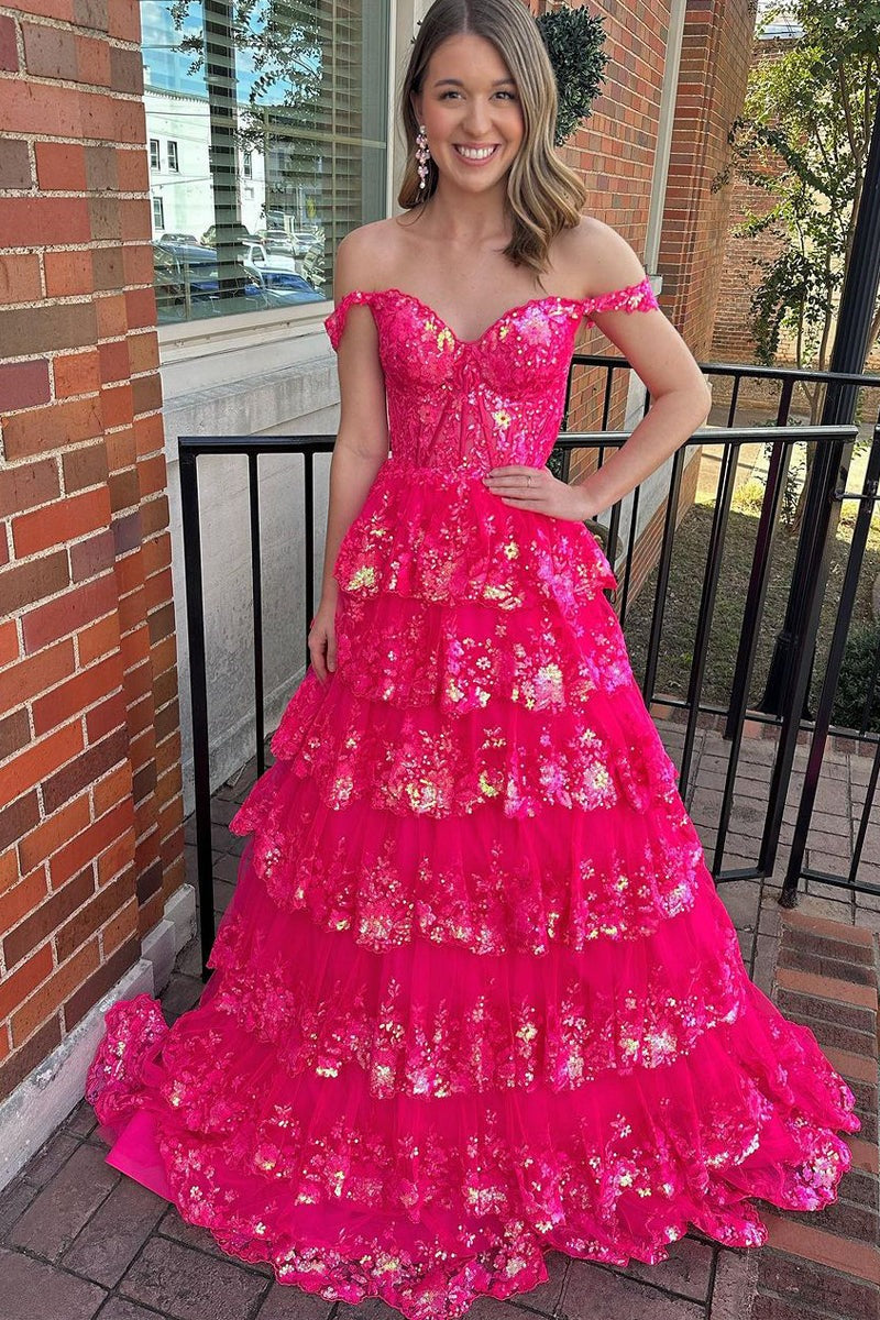 Off the Shoulder Princess Sequined Lace Prom Dresses