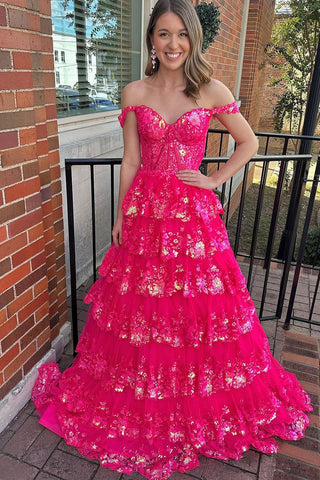 Off the Shoulder Princess Sequined Lace Prom Dresses