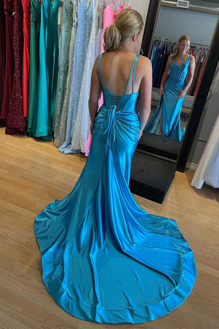 V Neck Mermaid Satin Long Prom Dress with Slit