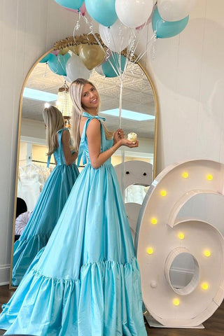 Sweetheart Light Blue Satin Ruffle A-Line Long Prom Dress
