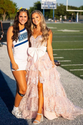 Cute V Neck Blush Pink Sequins Tiered A Line Long Prom Dresses with Bow