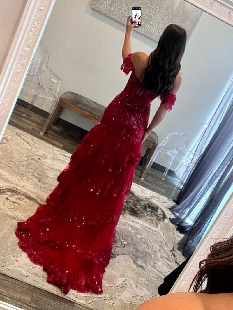 Long Lace Sheath Off the Shoulder (Lace-up Back)  Prom Dress