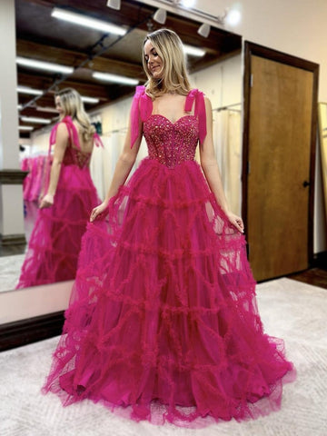 Fairy Sweetheart Fuchsia Tiered Tulle A Line Long Prom Dresses with Appliques