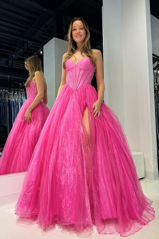Sweetheart Pink Organza A-Line Long Prom Dress with Beading