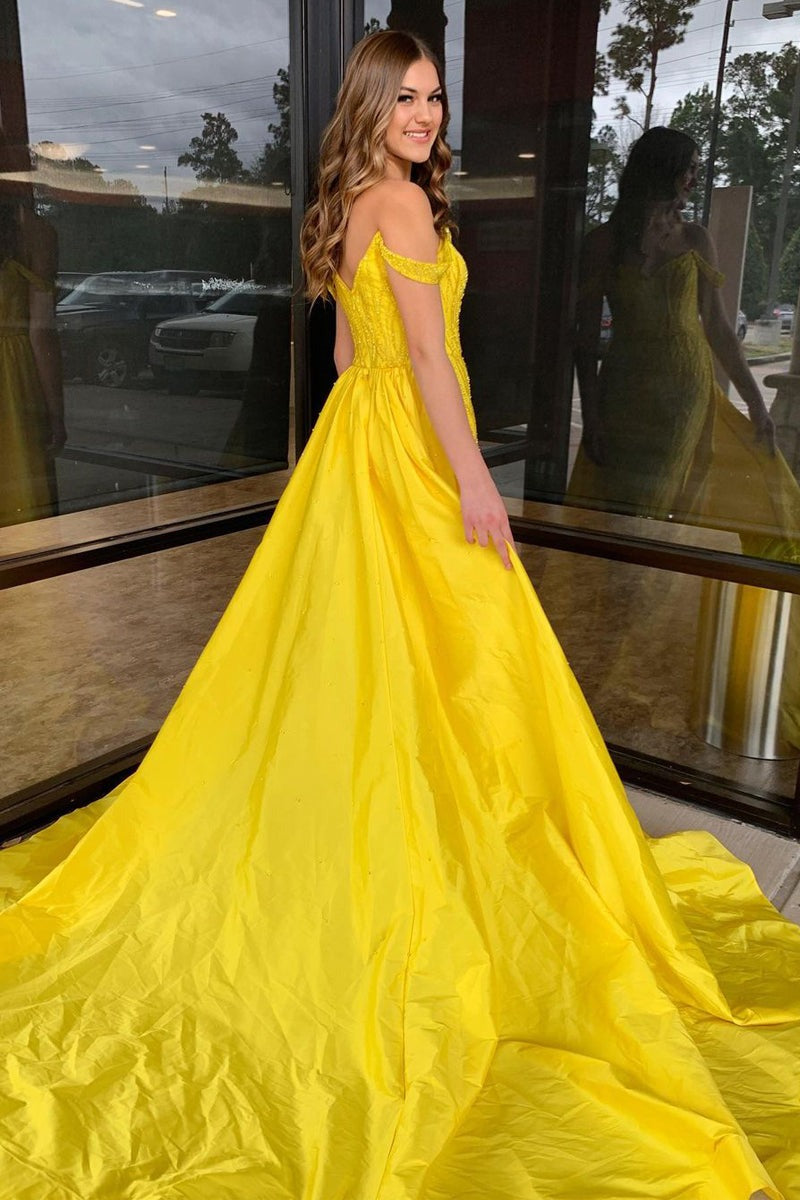 Yellow Sequin Off the Shoulder Long Prom Dresses with Detachable Train