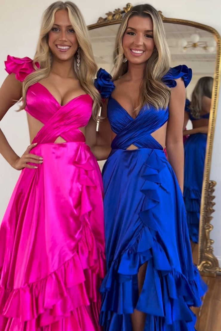 Fashion A Line V Neck Satin Long Prom Dresses with Slit