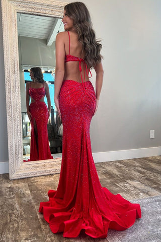 Charming Straps Red Satin Long Mermaid Prom Dresses with Beading