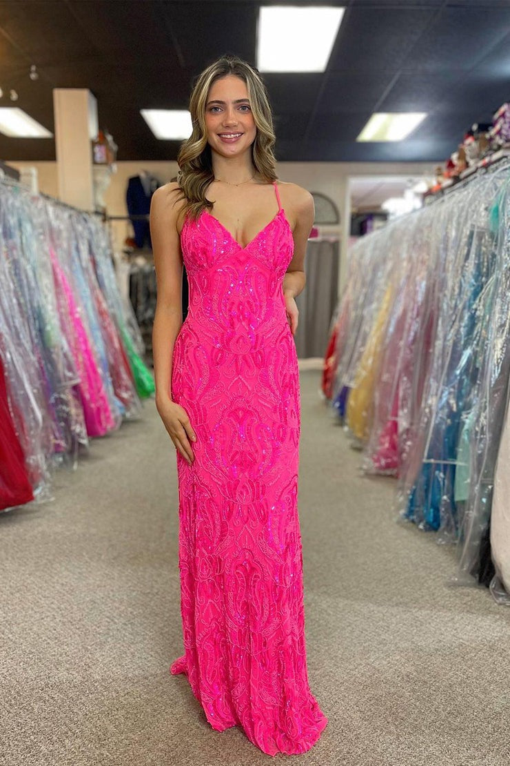 V Neck Fuchsia Sequins Appliques Long Mermaid Prom Dress