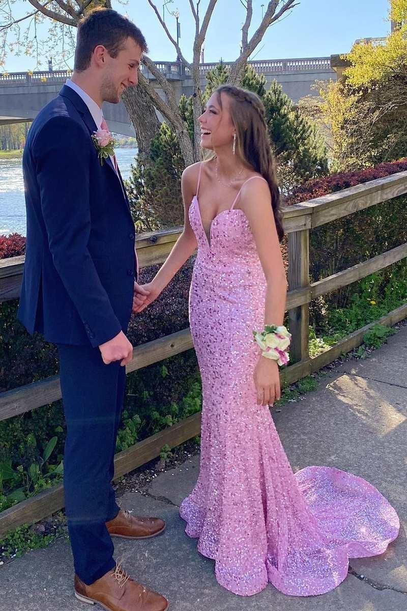 Mermaid Pink Sequin Plunge Long Prom Dress