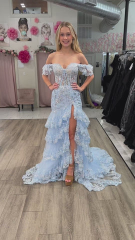 Long Lace Sheath Off the Shoulder (Lace-up Back)  Prom Dress