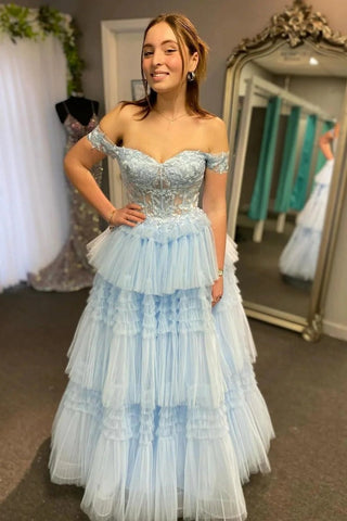 Stunning Off the Shoulder Light Blue Corset A Line Prom Dress with Ruffles Appliques