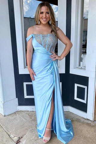 Sparkly One Shoulder Light Blue Beaded Corset Long Satin Prom Dress