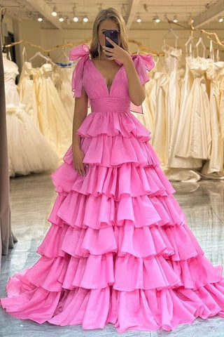 Plunging V-Neck Bow Straps Ruffle Ball Gown