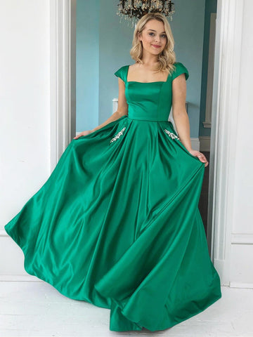 Cap Sleeves Satin Long Prom with Pocket,  Formal Graduation Evening Dresses