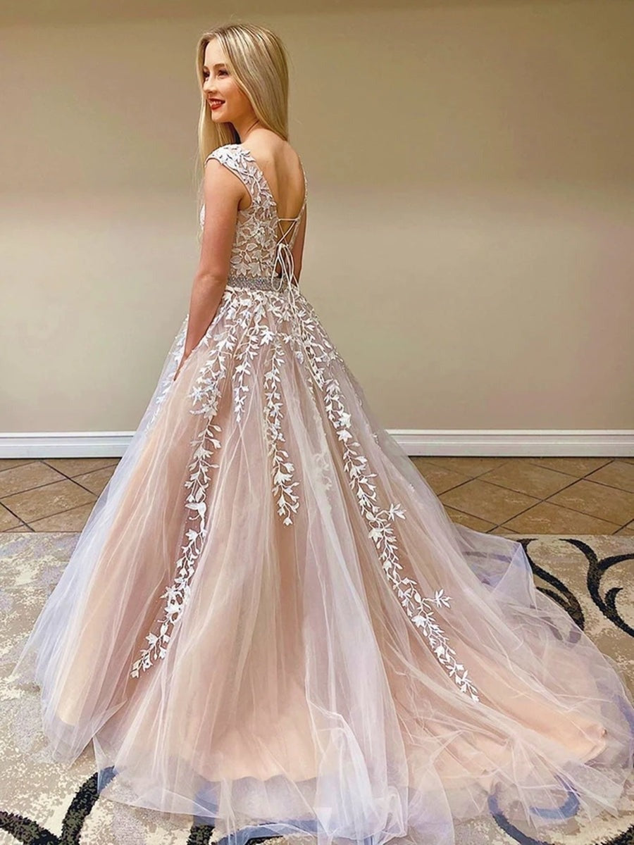 Round Neck Cap Sleeves Long Lace Champagne Prom,  Formal Evening, Party Dresses