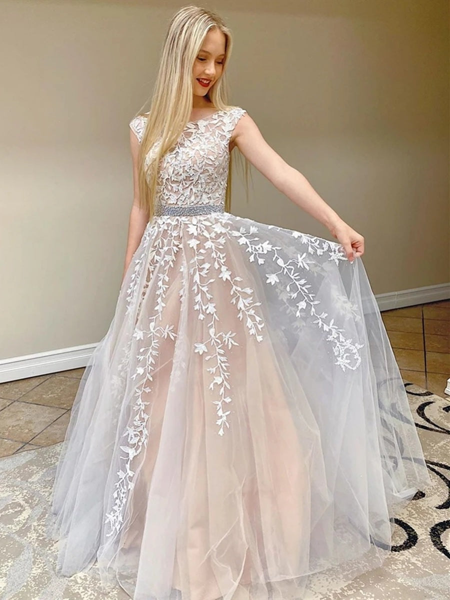 Round Neck Cap Sleeves Long Lace Champagne Prom,  Formal Evening, Party Dresses