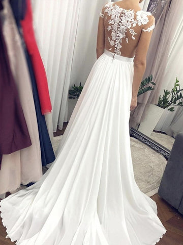 Cap Sleeves Round Neck  Lace Long Wedding, Formal Evening Prom Dresses