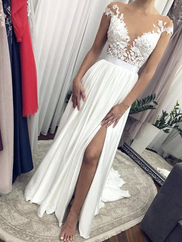 Cap Sleeves Round Neck  Lace Long Wedding, Formal Evening Prom Dresses
