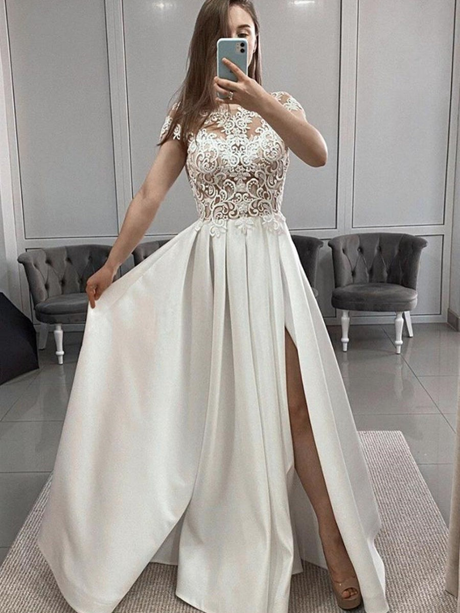 Cap Sleeves  Lace Long Prom with Slit,Formal Graduation Evening Dresses