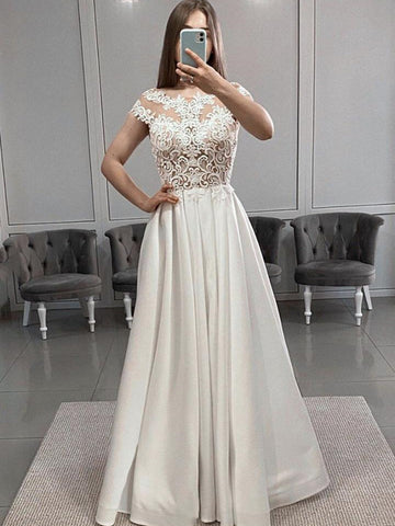 Cap Sleeves  Lace Long Prom with Slit,Formal Graduation Evening Dresses