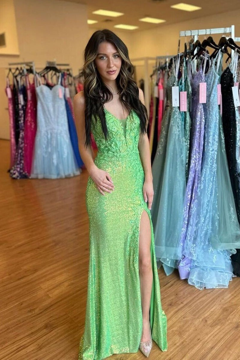 Cute V Neck Mermaid Green Sequin Mermaid Long Prom Dresses with Appliques