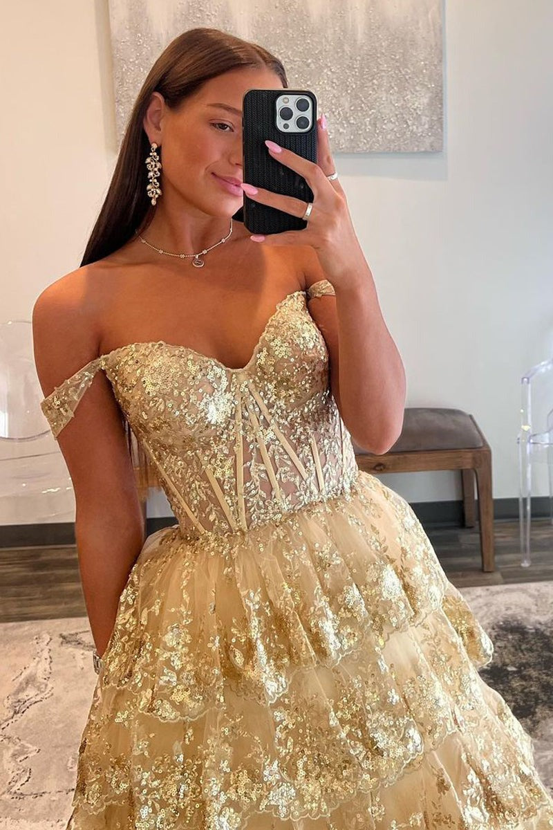 Off the Shoulder Princess Sequined Lace Prom Dresses