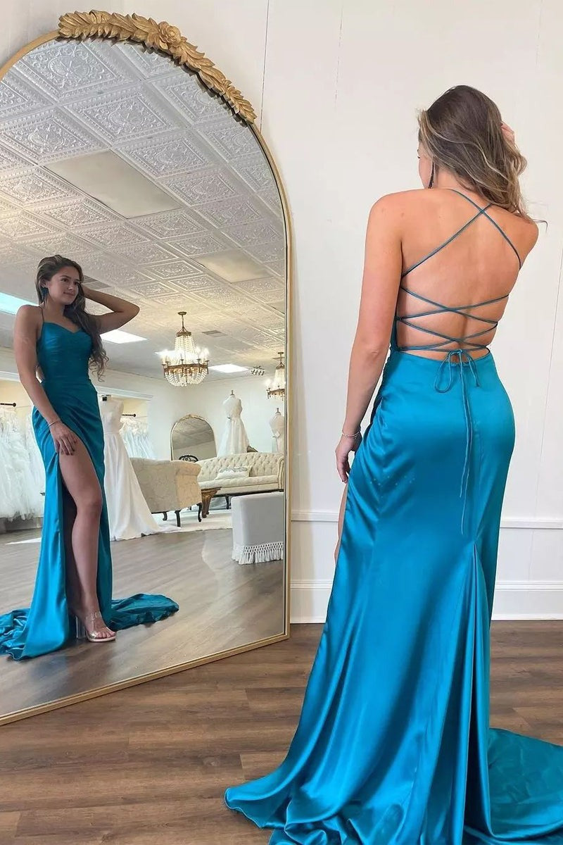 Simple V Neck Mermaid Blue Satin Long Prom Dresses with Slit