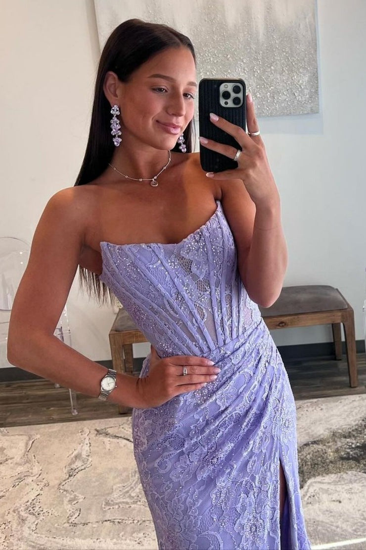 Lilac Strapless Sweep Train Lace Mermaid Prom Dress With Slit
