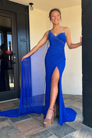Charming One Shoulder Royal Blue Chiffon Long Mermaid Prom Dresses with Beading