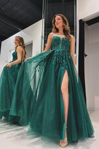Elegant Spaghetti Straps Green Tulle A Line Prom Dress with Appliques