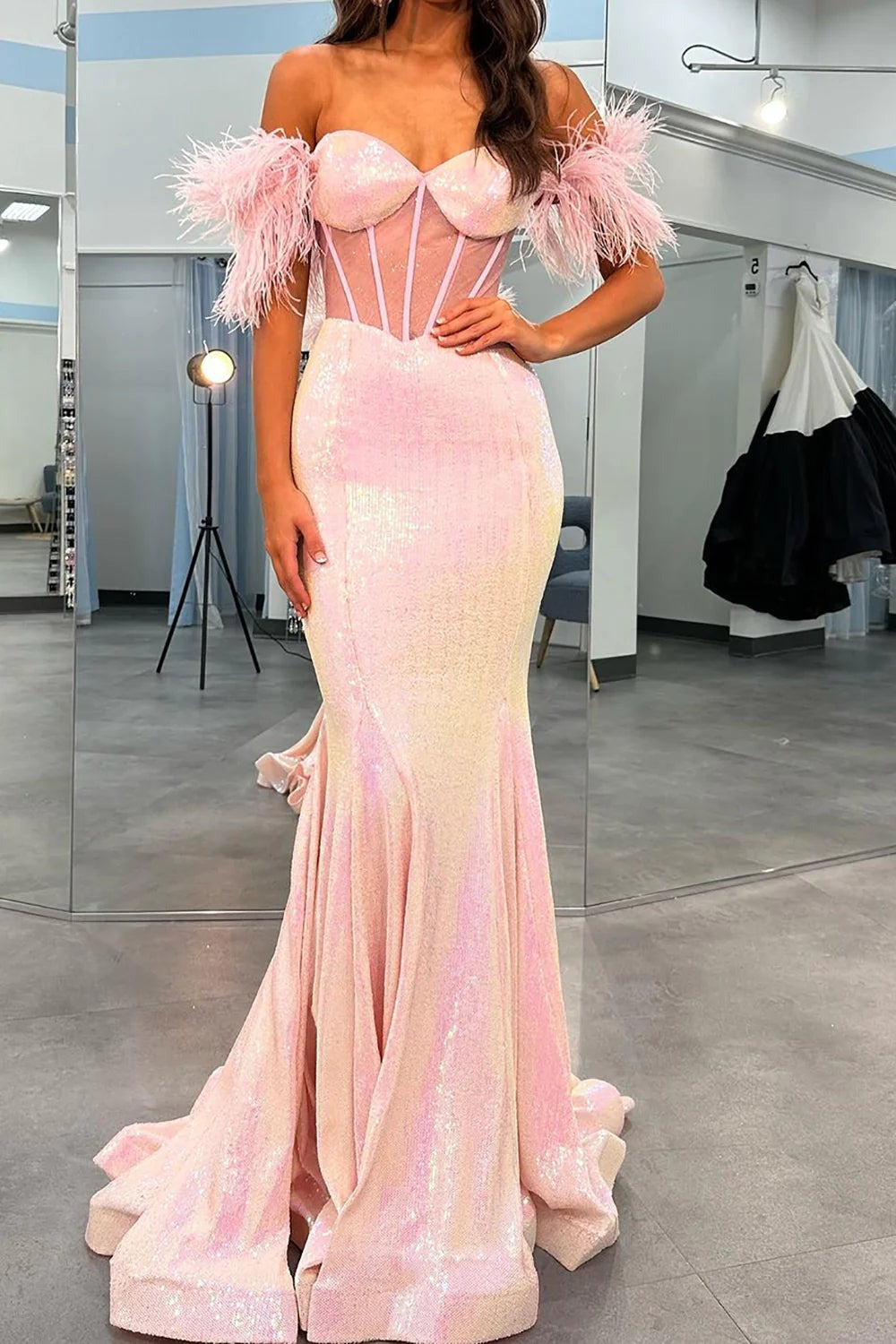 Sparkly Blush Long Corset Mermaid  Prom Dress With Feather