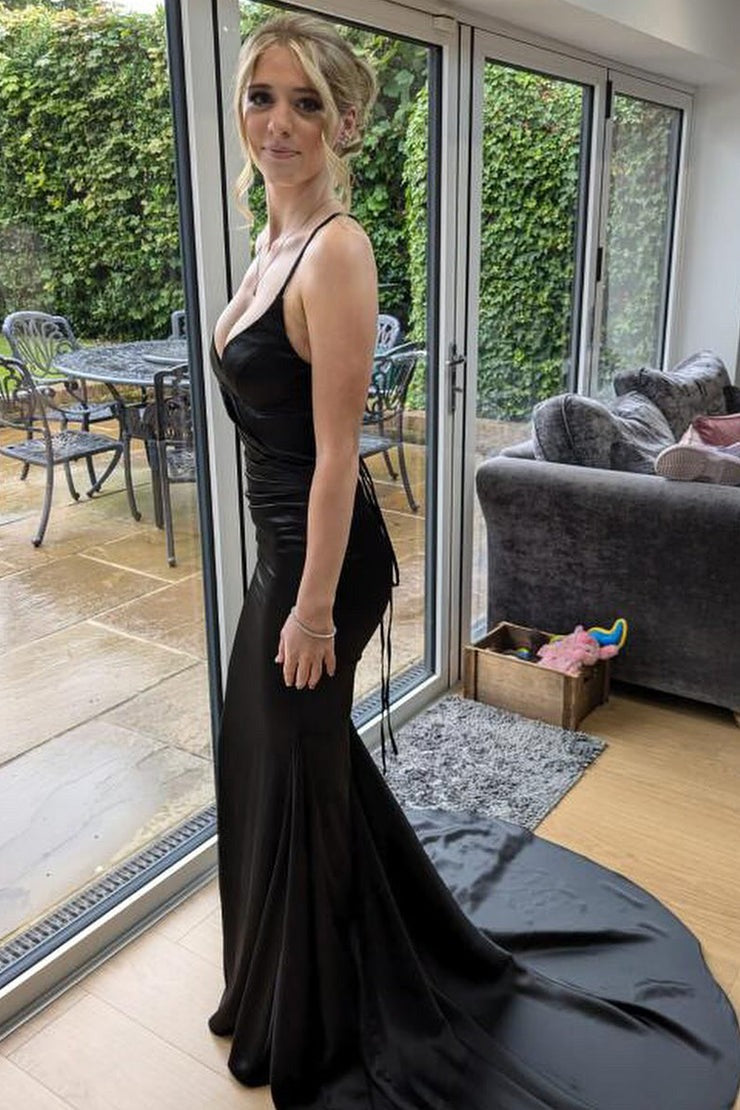 Charming V Neck Black Satin Long Mermaid Prom Dresses