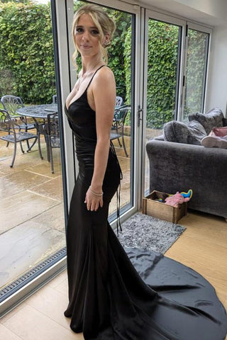 Charming V Neck Black Satin Long Mermaid Prom Dresses