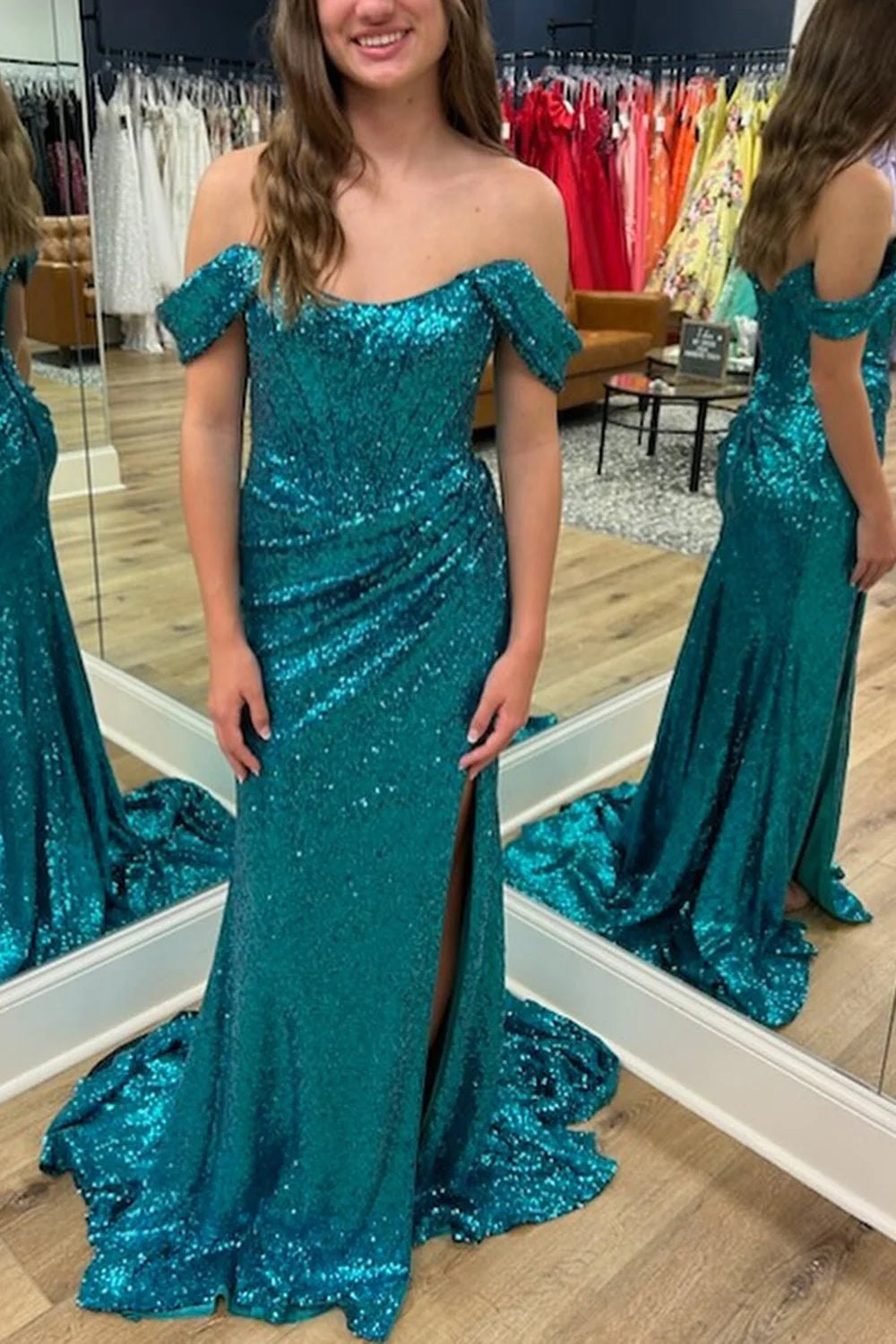 Long Sparkly Turquiose Corset  Sequins Prom Dress with Slit