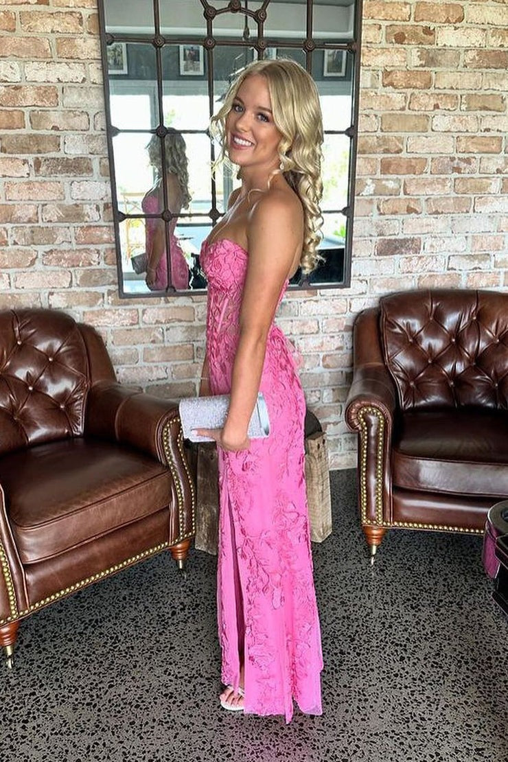 Cute Pink Strapless Lace Appliques Long Mermaid Prom Dress with Slit