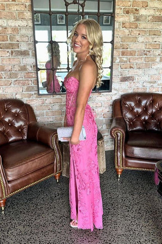 Cute Pink Strapless Lace Appliques Long Mermaid Prom Dress with Slit