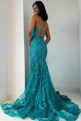 Turquoise Appliques Trumpet Long  Lace-Up Prom Dress