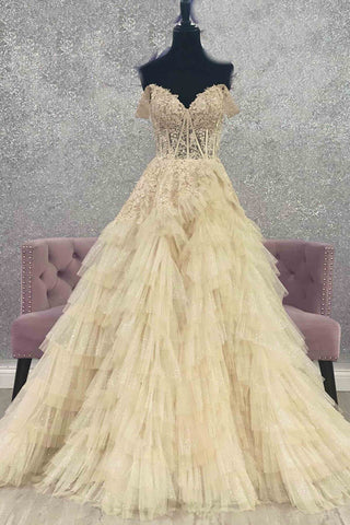 Sheer Bodice Ruffle Off the Shoulder Tulle Prom Dress