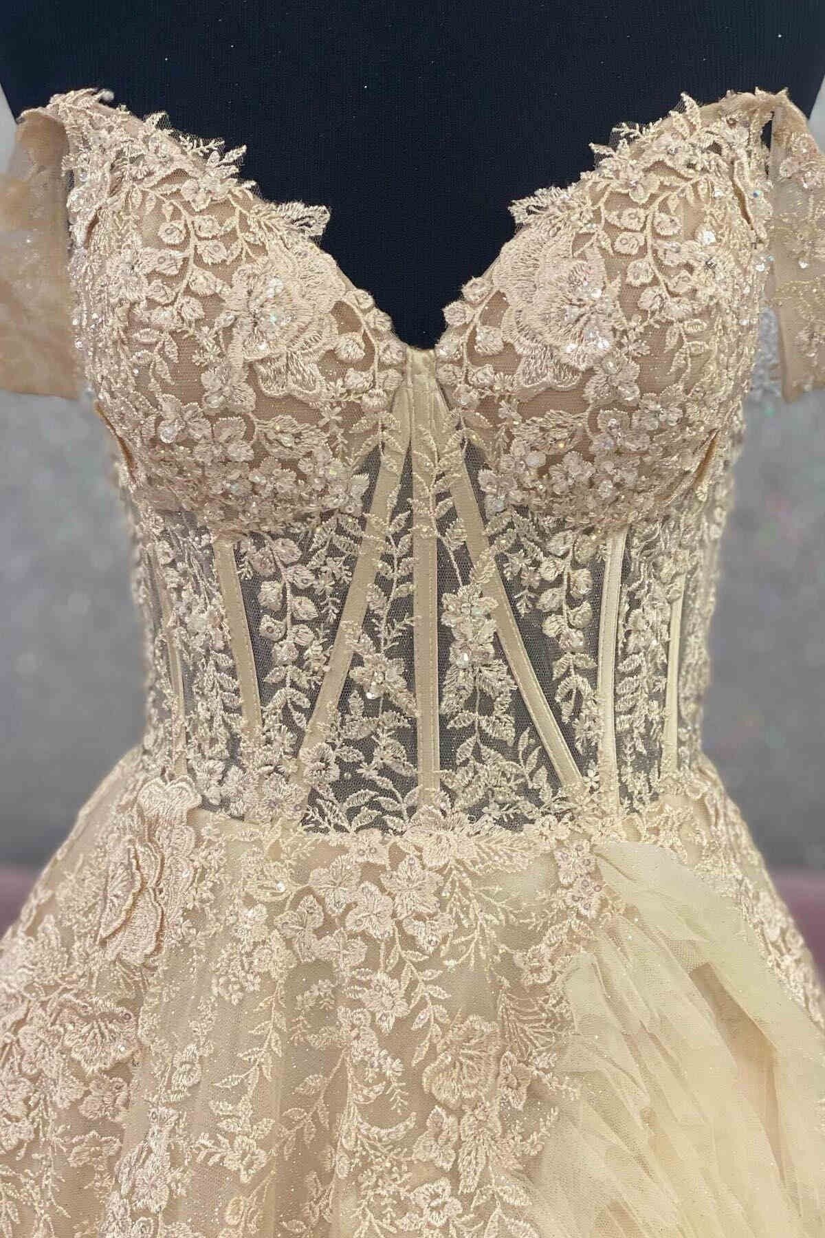 Sheer Bodice Ruffle Off the Shoulder Tulle Prom Dress