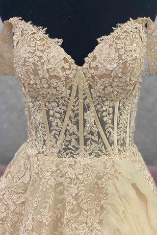 Sheer Bodice Ruffle Off the Shoulder Tulle Prom Dress