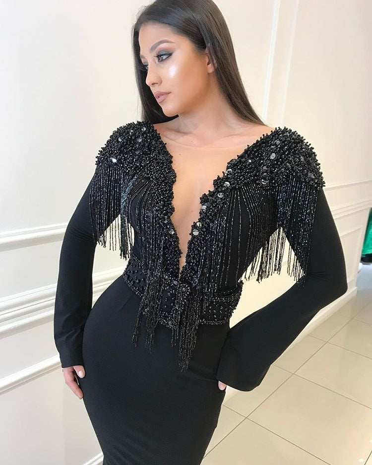Mermaid Deep V-Neck Long Sleeves Prom Gown，Backless Evening Dress