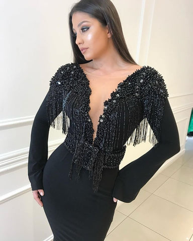 Mermaid Deep V-Neck Long Sleeves Prom Gown，Backless Evening Dress